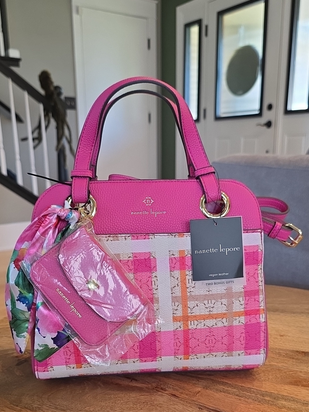 Nanette Lepore Hot Pink Plaid Satchel with Floral Scarf